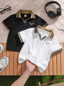 SHEIN Leap Crew Young Boy Casual College Style Flat-Knit Collar Knitted Dual-Logo Printed Polo Shirt 2pcs Set, Suitable For Summer Gathering And Outdoor Wear - Multicolor - View 1