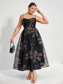 Aveloria Rosie Vestido de línea A para mujer, con base negra elegante estilo francés, estampado floral beige en tela de organza, costuras con copas de sujetador y cintura ceñida