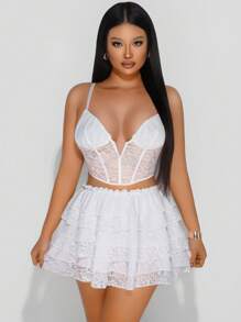 Zolique Conjunto de 2 piezas para mujer compuesto por una falda con volantes cómoda y alegre para primavera y un camisol con encaje y soporte en forma de V - Blanco - Ver 5
