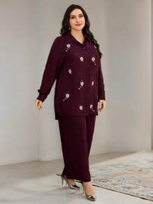 Veilorie 2pcs Plus Size Floral Embroidery Shirt & Pants Set - Burgundy - View 5