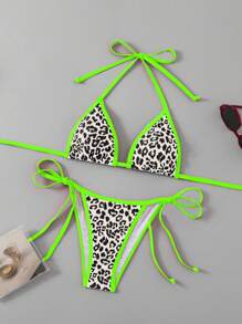 SHEIN Swim 女士夏季沙滩豹纹露背性感比基尼两件套泳衣套装