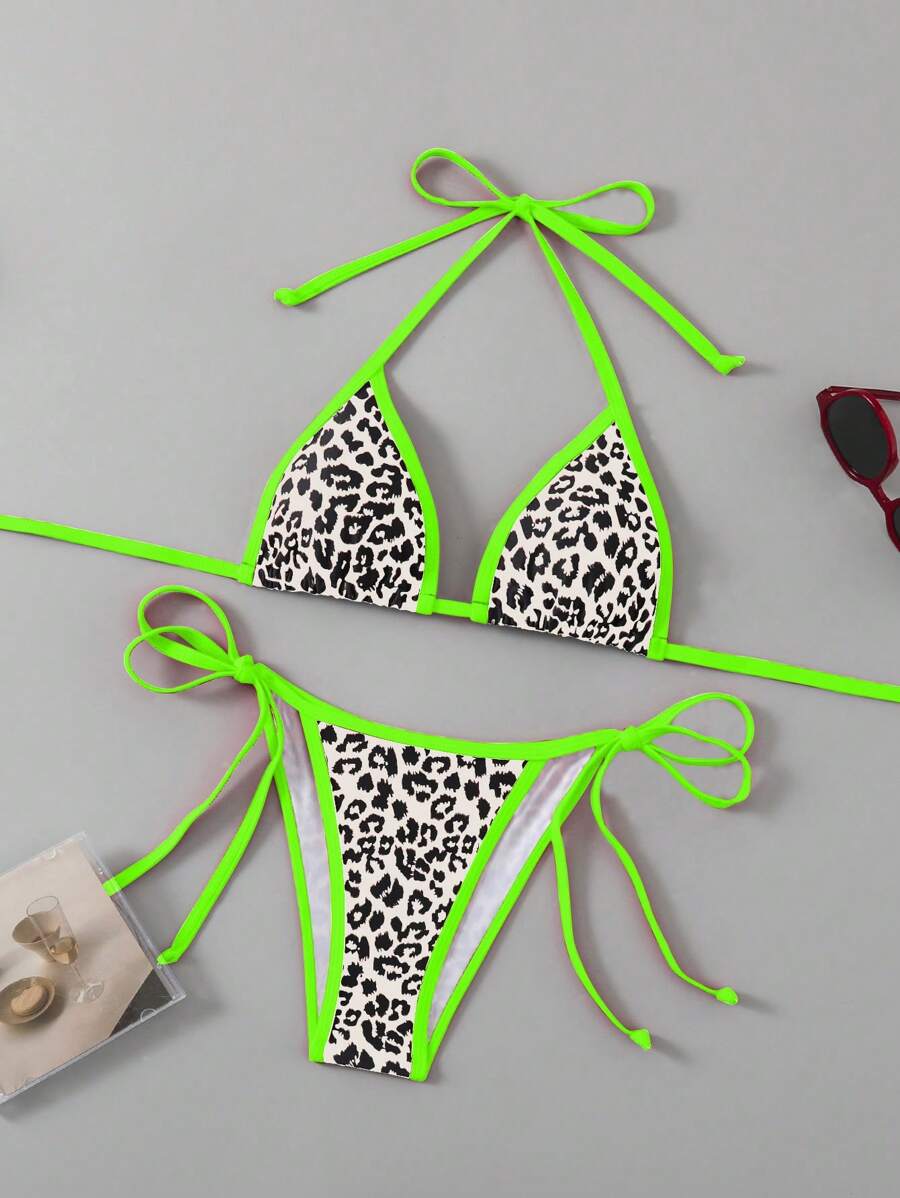 SHEIN Swim 女士夏季沙滩豹纹露背性感比基尼两件套泳衣套装