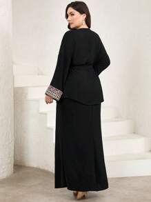 Mulvari Women Plus Size Elegant 2 Pieces Set: Long Sleeve Top With Patchwork Ribbon And Fish-Tail Hem Skirt - Black - View 2