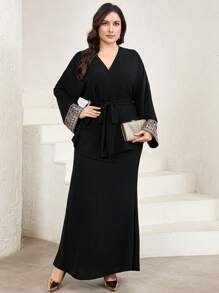 Mulvari Women Plus Size Elegant 2 Pieces Set: Long Sleeve Top With Patchwork Ribbon And Fish-Tail Hem Skirt - Black - View 6