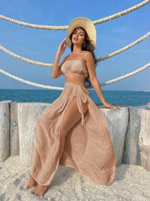 Swim Vcay 2 件套女士海滩夏季抹胸和罩衫套装 - 卡其色 - 查看 2