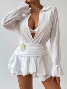 SHEIN Swim Vestido de cubrir blanco con manga de volantes y volante sin bikini para el verano