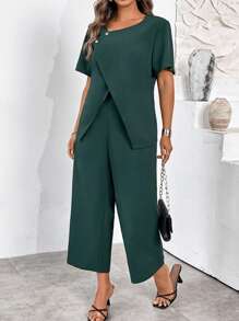 SHEIN LUNE Plus Size Elegant Solid Color Split Hem Short Sleeve Shirt Pants Set - Multicolor - View 4