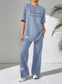 Mulvari 女式夏季标语印花落肩 T 恤和休闲裤 2 件套，休闲装运动服 2 件套休闲套装，适合散步/运动/返校和日常休闲装 2 件套 - 藍色 - 查看 1