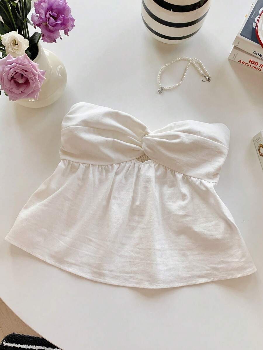 Comfortcana Summer White Linen Twist Bandeau Bohemian Vacation Top - White - View 1