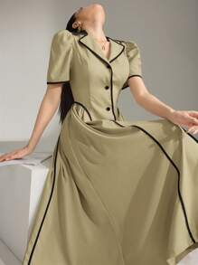 Heiryn Women's Long Solid Color Short Sleeve Contrast Trim Dress, Simple & Fashion For Summer - Olive Green - View 5