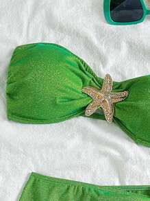 Soleia Swim Suits For Women,Summer Outfits For Women,Bikini Set,Beachwear,Vacation Outfits Woman,Beach Outfits For Woman,Women's Fashion Holiday Summer Moss Green Gold And Silver Knitted Tube Top Mini High Slit Skirt Beach Bikini Three-Piece Set,Decorated With Metallic Starfish Accessories