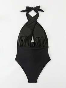 Swim SXY 女士性感黑色交叉吊带 3D 花朵假日连体泳衣，夏季海滩度假 - 黑色 - 查看 4