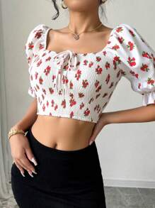 Chiquease Rose Floral Print Puff Sleeve Tie-Front Casual Minimalist Vacation Style Blouse For Women, Spring/Summer - Multicolor - View 6