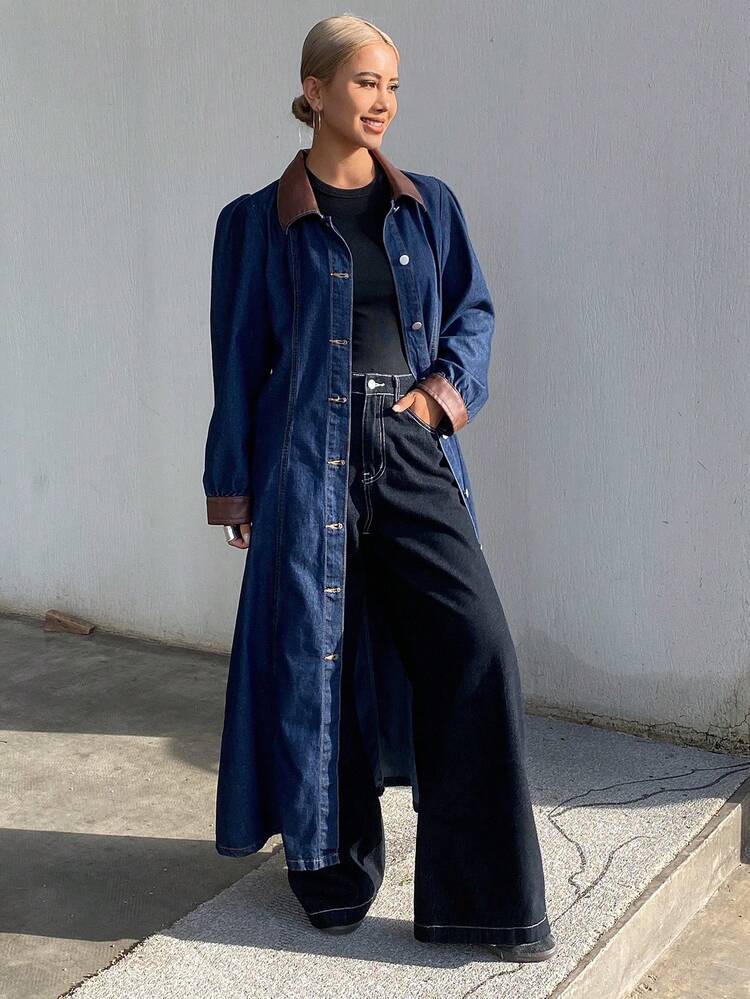 Women Denim Dress With Contrast Color Collar, Puff Sleeves,Fall Women Clothes