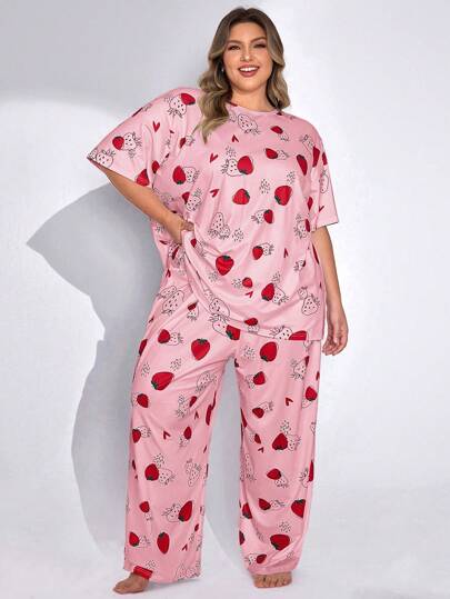SHEIN CURVE+ 2pcs Plus Size Women Strawberry & Heart Print Round Neck T-Shirt And Pants Pajama Set, Casual Outfit For Valentine's Day