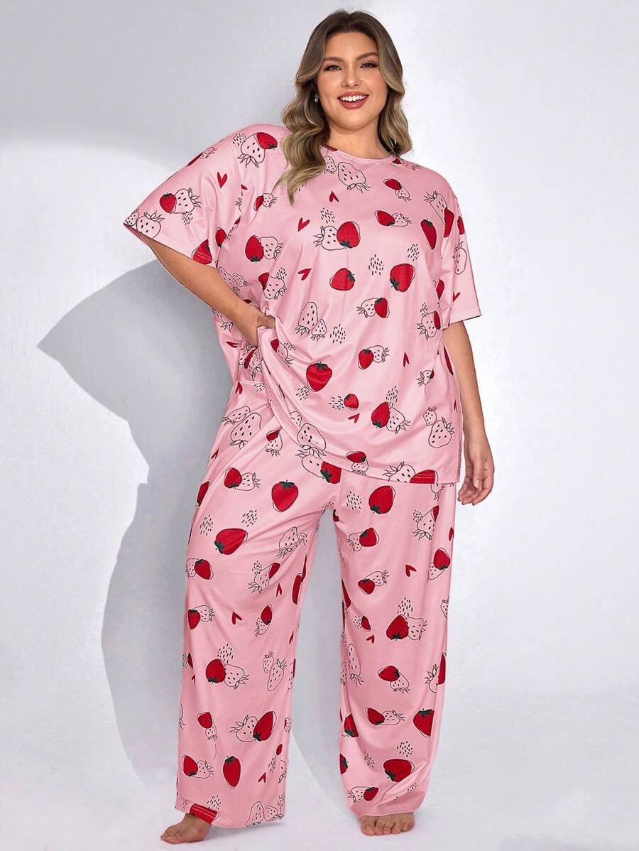 SHEIN CURVE+ 2pcs Plus Size Women Strawberry & Heart Print Round Neck T-Shirt And Pants Pajama Set, Casual Outfit For Valentine's Day - Pink - View 1