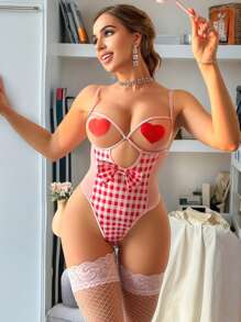 5 件套性感露胸格子连体裤（带钢圈）[连体裤 + 2 件乳头贴 + 丝袜] - 彩色 - 查看 1