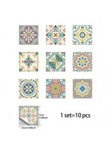 10 件复古花卉图案瓷砖贴纸，自粘 PVC 墙纸适用于厨房、客厅、浴室、卧室、墙壁、地板、家具 DIY 装饰、贴纸、墙贴花、乙烯基贴花用于家居装饰、春季装饰品刷新您的家、拉玛装饰贴纸地砖地板地砖自粘地砖剥离粘贴客厅装饰房间装饰 - 彩色 - 查看 3