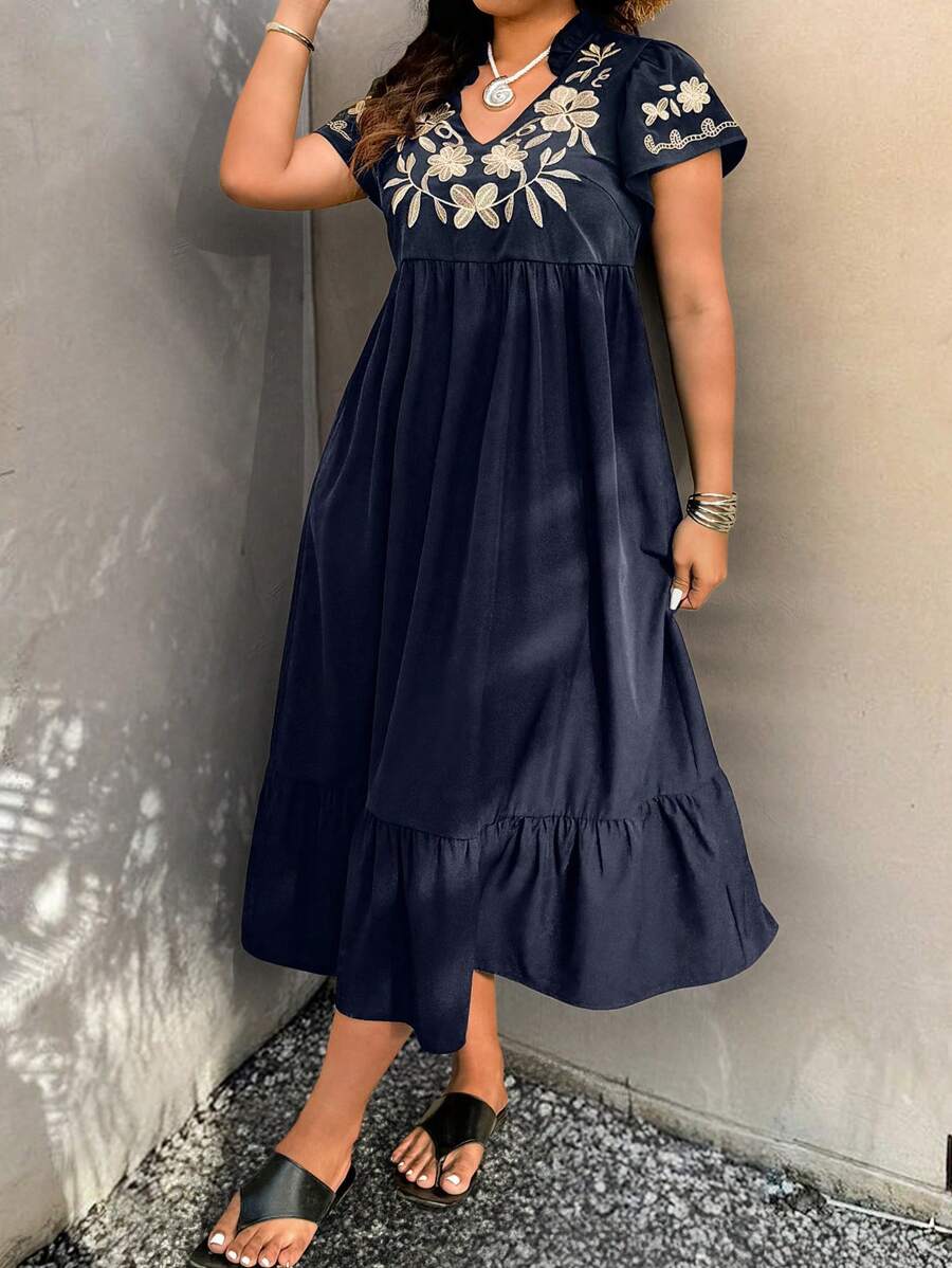 Sunserae Regular Plus Size V-Neck Embroidered Ruffle Hem Casual Vacation Style Dress Tropical Colorblock Floral Print Boho Fashionable Style For Summer - Navy Blue - View 1