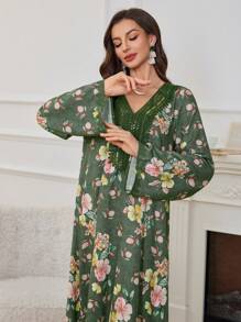 Al Najma 女士简约优雅阿拉伯风格连衣裙，适合夏季 - 綠色 - 查看 1