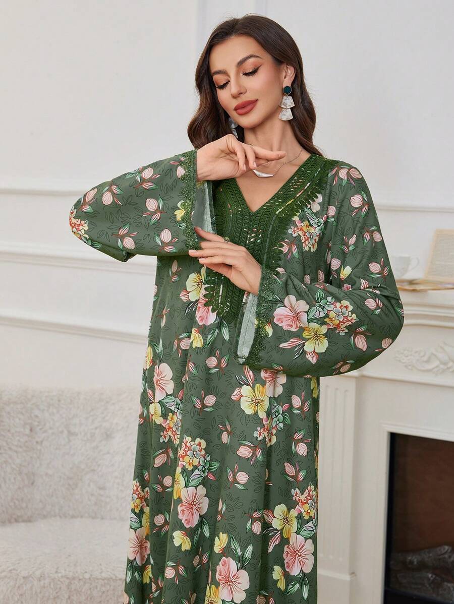 Al Najma 女士简约优雅阿拉伯风格连衣裙，适合夏季 - 綠色 - 查看 1