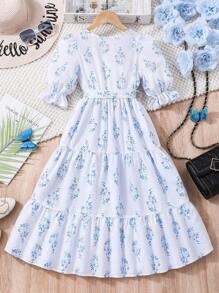 SHEIN Rochie de vară pentru fete Tween, cu gât pătrat, la modă simplă, cu mâneci scurte