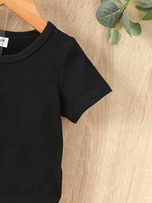 SHEIN Playful Pals 男婴拉链熊印花休闲圆领短袖 T 恤和长裤套装，夏季 - 黑色 - 查看 6