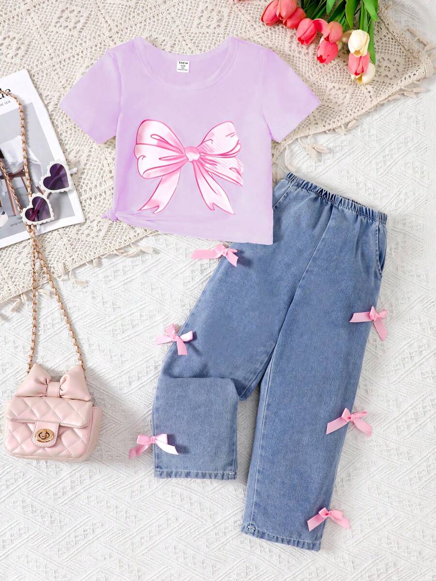 2pcs/Set Girls Butterfly Print Short Sleeve T-Shirt & Ruffle Trim Denim Jeans, Suitable For Daily Wear In Summer