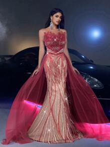 Váy đuôi cá vải sequin ngọc trai sang trọng thanh lịch, lưới bồng bềnh rộng rãi thích hợp cho đám cưới, tiệc tùng, vũ hội, váy dạ hội (trang trí đậm), trang trọng, váy dài, cho khách dự tiệc cưới - Đỏ - Xem 5