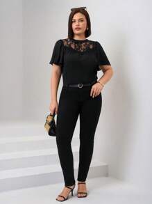 SHEIN Clasi Plus Size Solid Color Elegant Lace Patchwork Loose Blouse,Suitable For Workplace, Afternoon Tea, Date, Concert, Party, Retro College Style, Elegant Blouses For Women, Lace Tops For Women