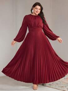 Veilorie 大码女式纯色圆领灯笼袖褶边阿拉伯风格连衣裙