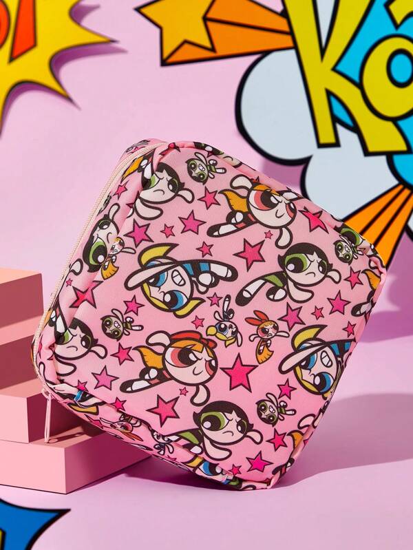 THE POWERPUFF GIRLS X SHEIN 1pc Cartoon Pattern Printed Polyester Fiber Storage Bag, Can Be Used As A Feminine Hygiene Storage Bag, Digital Storage Bag, Small Item Storage Bag, Blossom, Bubbles, Buttercup,Love, Friendship,Y2K