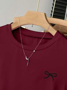 Sparklyn Tween Girls Casual Versatile Bow Decor Printed Short Sleeve T-Shirt With Gathered Waist Summer Holiday - Burgundy - View 5