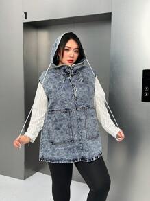 SHEIN EZwear Chaleco de mezclilla holgado con bolsillo grande y capucha con cordón, adecuado para uso diario