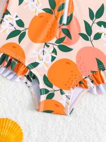 SHEIN Baby Girls One-Piece Swimsuit With Random Print & Ruffle Trim, Comes With Hat - Multicolor - View 4