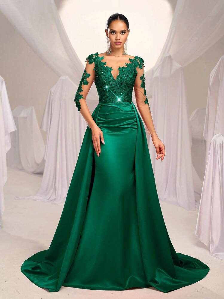 SHEIN Belle Elegante vestido de noche de satén con parches de lentejuelas, cuello en V, manga larga, aplicaciones de malla de contraste, cintura alta, silueta de sirena con costuras exageradas, ideal para eventos formales, fiestas, bodas y el Día de San Valentín - Verde Oscuro - Añade 3
