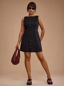 SHEIN Forever 21 大码夏季新款圆领无袖休闲黑色办公室女士修身迷你连衣裙 - 黑色 - 查看 1