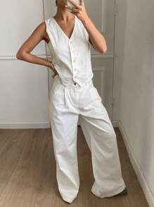 DAZY Women Single-Breasted Casual Denim Vest And Loose Fit Jeans Set - White - View 2