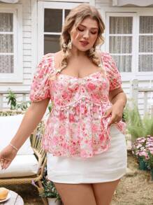 SHEIN VCAY Camisa de talla grande con cuello corazón, manga linterna y estampado floral