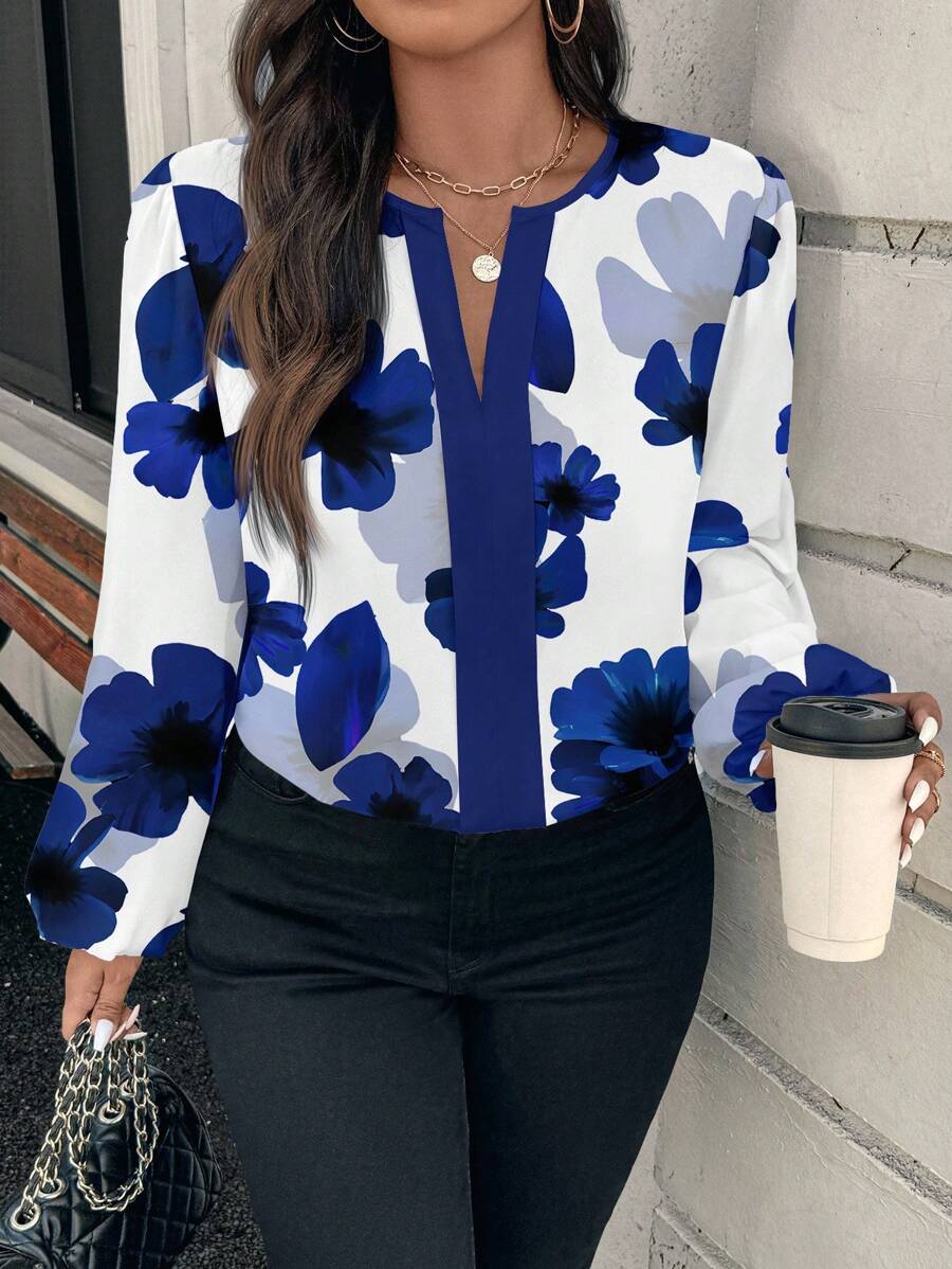 Reflora Áo sơ mi dài tay họa tiết hoa thanh lịch giản dị cỡ lớn, phù hợp cho mùa xuân và mùa hè - Xanh và trắng - Xem 1