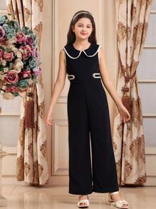 Tween Girl Ruffled Collar Sleeveless Wide Leg Fashionable Jumpsuit - Blue - View 6