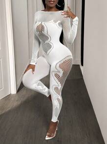 BamGleam 女士圆领长袖紧身镂空提花连体裤 - 白色 - 查看 5