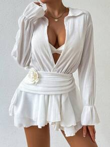 SHEIN Swim Vestido de cubrir blanco con manga de volantes y volante sin bikini para el verano