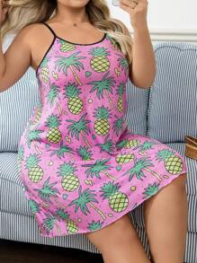 Plus Size Women Coconut Tree & Pineapple Print Casual Camisole Nightgown - Multicolor - View 5