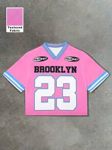Manfinity Streetrush Camiseta de hombre tipo jersey de baloncesto de manga corta y cuello en V con estampado de letras, de corte holgado y casual