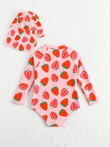SHEIN Baby Girl One-Piece Swimsuit, Random Print With Cap (Included) - Multicolor - View 2