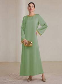 Graceveil Ribboned Ruffle Hem Women's Arabian Style Dress, Suitable For Spring And Autumn Modest