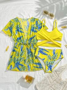 Tween Girls Cross Bikini Set With Tropical Botanical Print Kimon - Multicolor - View 1