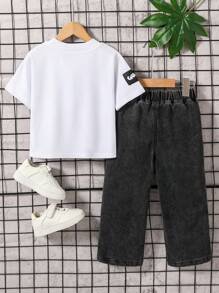 2pcs/Set Boys Letter Print Short Sleeve Top And Distressed Denim Jeans Outfit - Grey - View 2