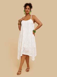 SHEIN VCAY Vintage Plus Size Holiday Casual Spring/Summer Boho Beach Sleeveless White Hollow Plant Floral Midi Dress For Women